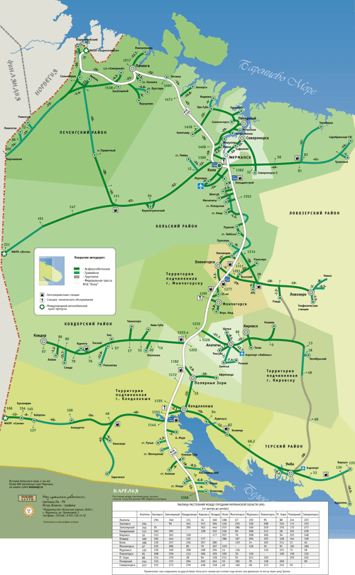 Схема автодорог Кольского полуострова